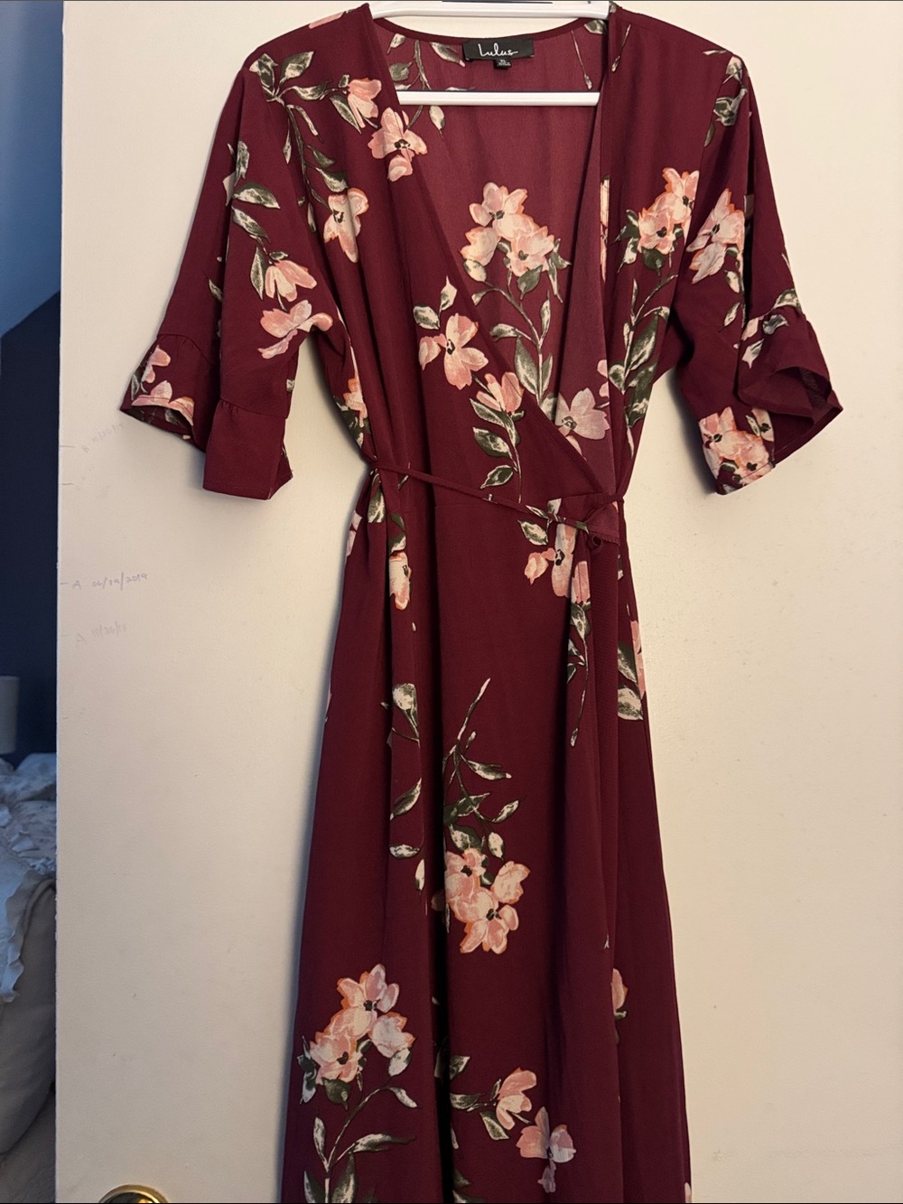 Lulu's Burgundy Floral Wrap Maxi Dress